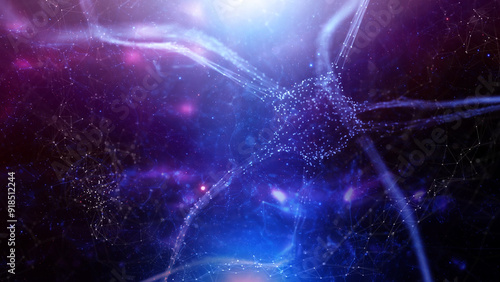 Artistic brain neuron cell in colorful blue and red artificial intelligence cyberspace with detailed lines and dots illustration background.	
