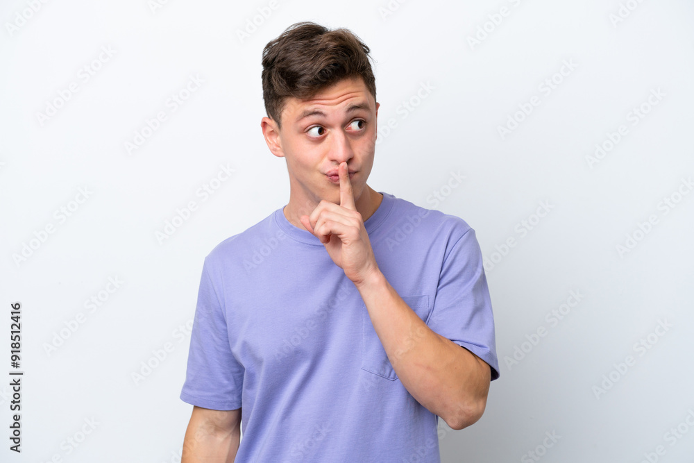 Young handsome Brazilian man isolated on white background showing a sign of silence gesture putting finger in mouth Young handsome Brazilian man isolated on white background showing a sign of silence gesture putting finger in mouth