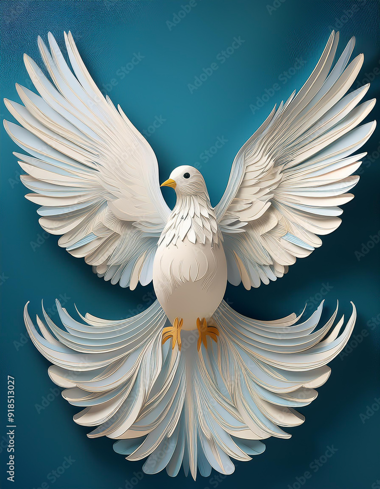 Obraz premium white dove with wings spread. Peace Freedom symbol. Layered Cut paper material. Paper cut of International Peace Day.
