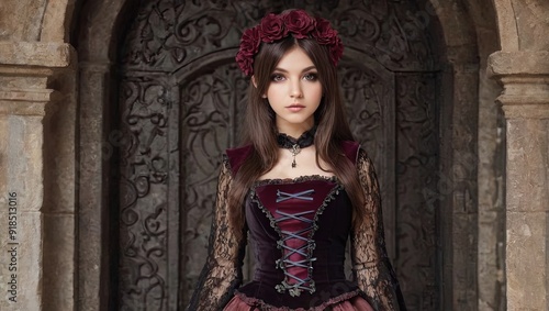 Young woman in vintage dress standing in front of ornate, stone door in historical setting