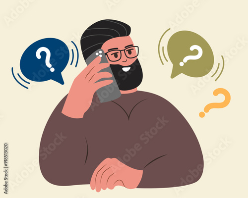 Make Choice with phone, Decision Concept. Puzzled Business Man Setting Priorities, Doubting, Deciding. Questioned Employee Thinking, Analysing Two Options. Flat vector illustration