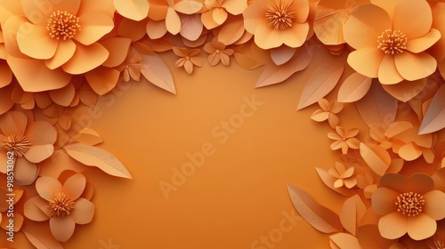 Paper cut craft flowers and leaves, orange color, origami textured background, spring mood. Floral frame layout. Ai generation