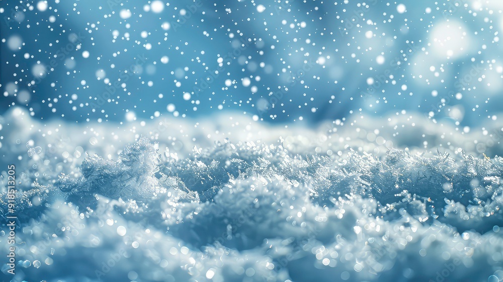 Fototapeta premium Close-up shot of white snow falling and settling on the ground. The snow is illuminated by sunlight and creates a blurred, bokeh effect in the background.