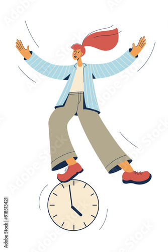 Woman balancing on clock face. Business work life balance, time management concept