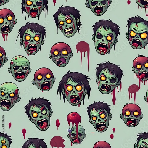 wallpaper background of scary cartoon zombie heads with dripping blood on a light background, some with black hair