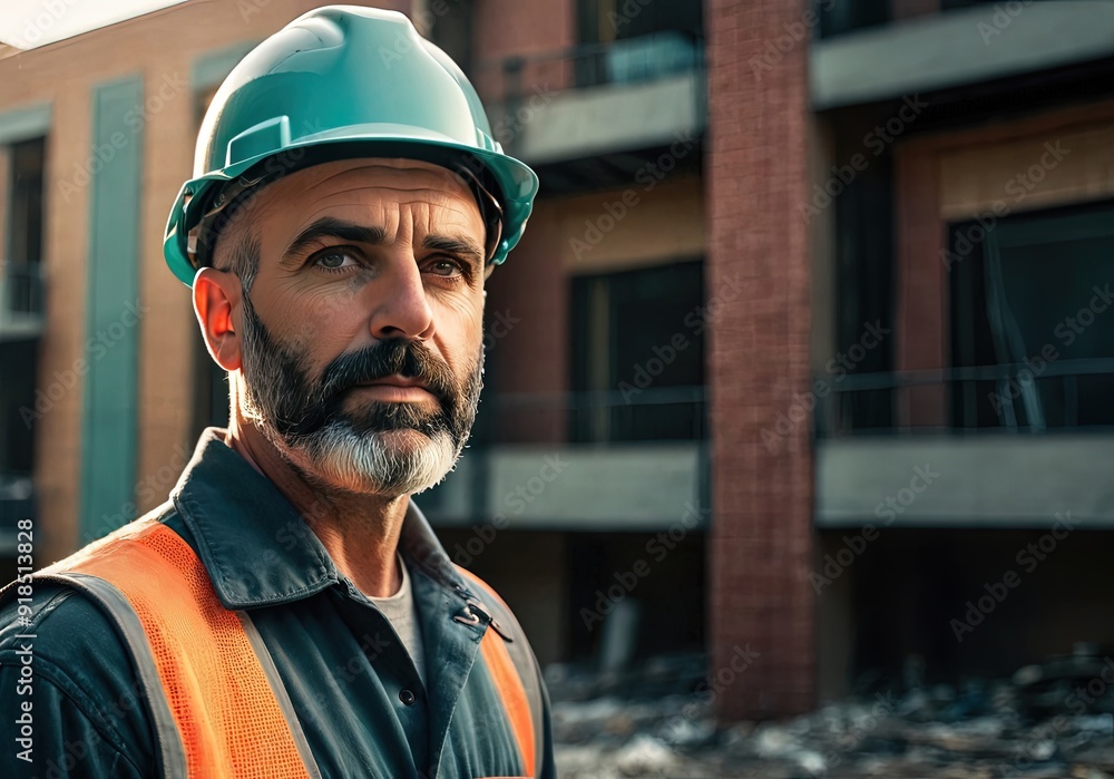 Older Man wearing hard hat and orange vest at construction site with unfinished building in background. Older Man wearing hard hat and orange vest at construction site with unfinished building in background.