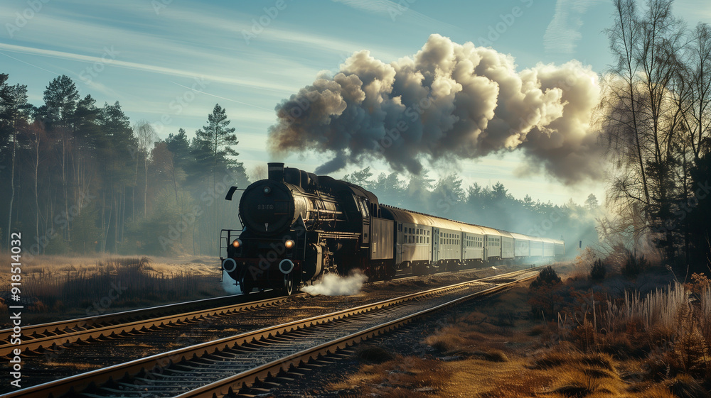 Obraz premium A vintage steam train on the tracks in a rural landscape