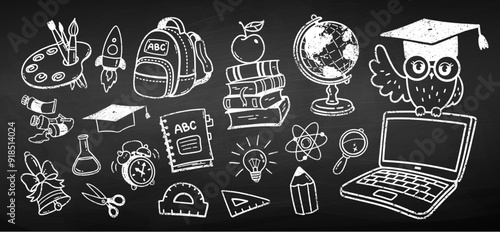 Vector cute chalk drawn illustration collection of back to school education symbols and objects on chalkboard background