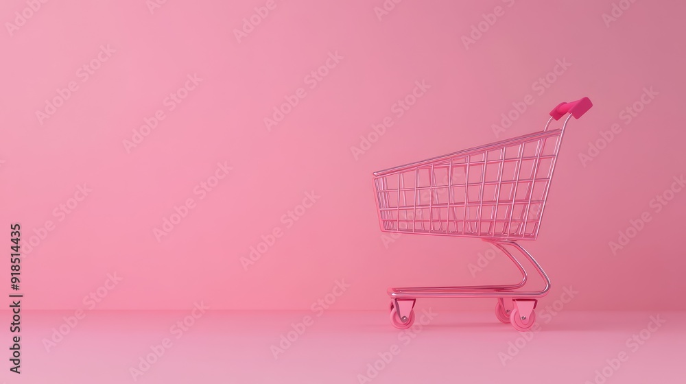 Pink shopping cart on pink background, minimalistic online store, free shipping, discounts and sales concept. Ai generation Pink shopping cart on pink background, minimalistic online store, free shipping, discounts and sales concept. Ai generation