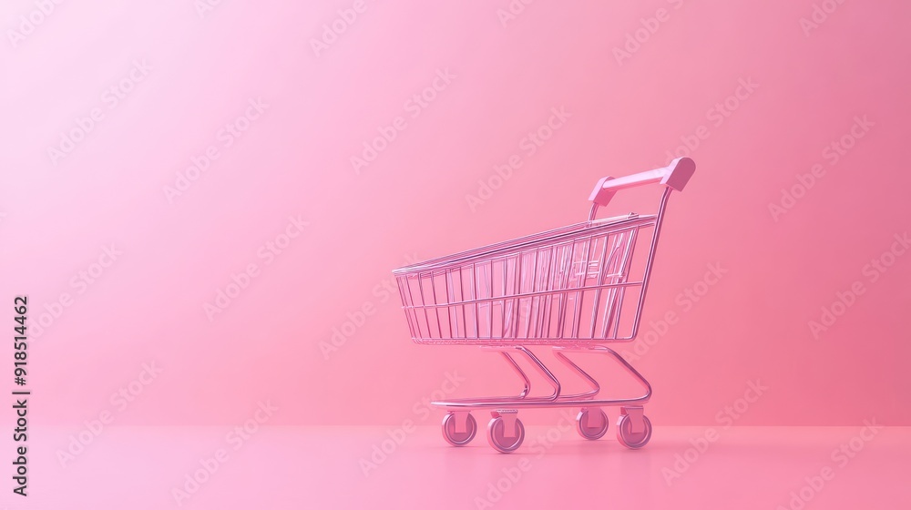 Pink shopping cart on pink background, minimalistic online store, free shipping, discounts and sales concept. Ai generation Pink shopping cart on pink background, minimalistic online store, free shipping, discounts and sales concept. Ai generation