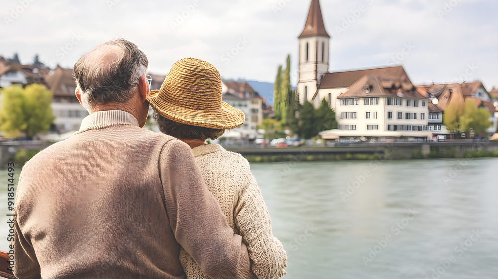 Fototapeta premium Elderly couple embracing while enjoying a scenic view of a riverside town