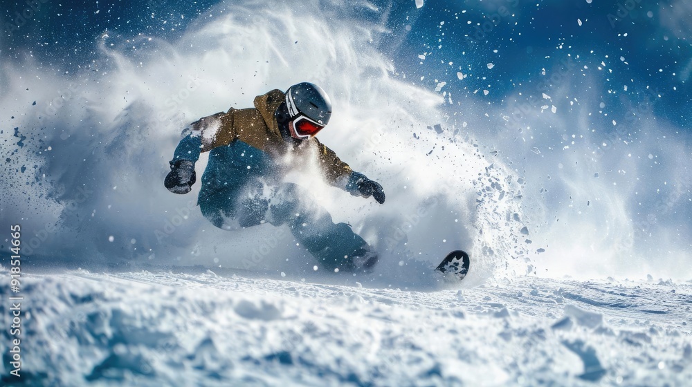 Skier carving through fresh powder on a snowy mountain slope. Skier carving through fresh powder on a snowy mountain slope.