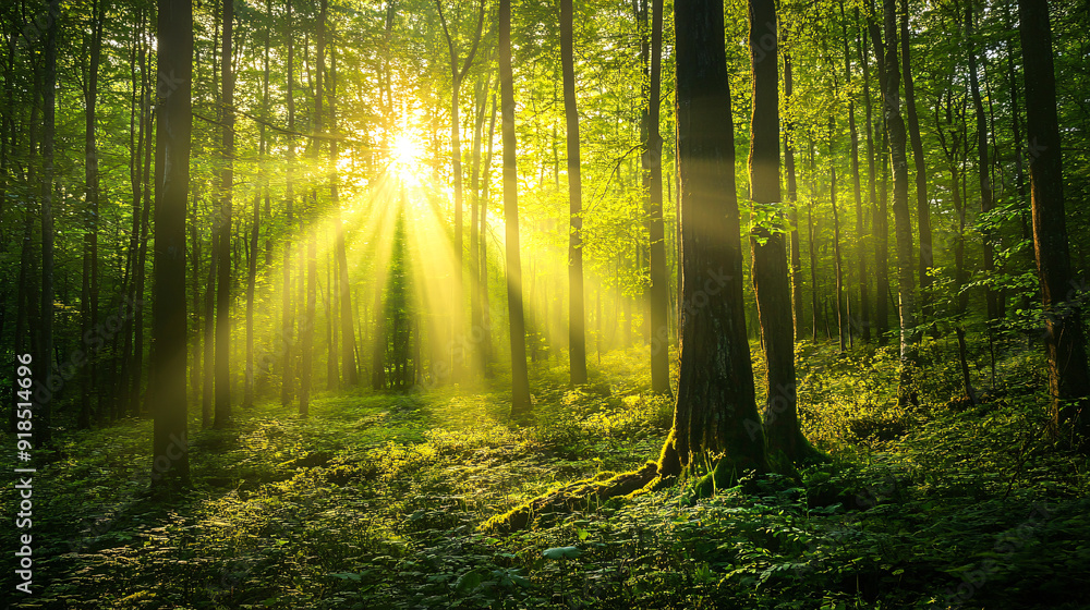 Fototapeta premium How about Sunlit forest path with morning mist and autumn 