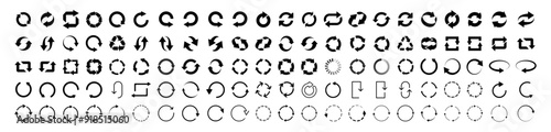Arrows set of 110 black icons. Arrow icon. Set of circle arrows rotating on white background. Refresh, reload, recycle, loop rotation sign collection