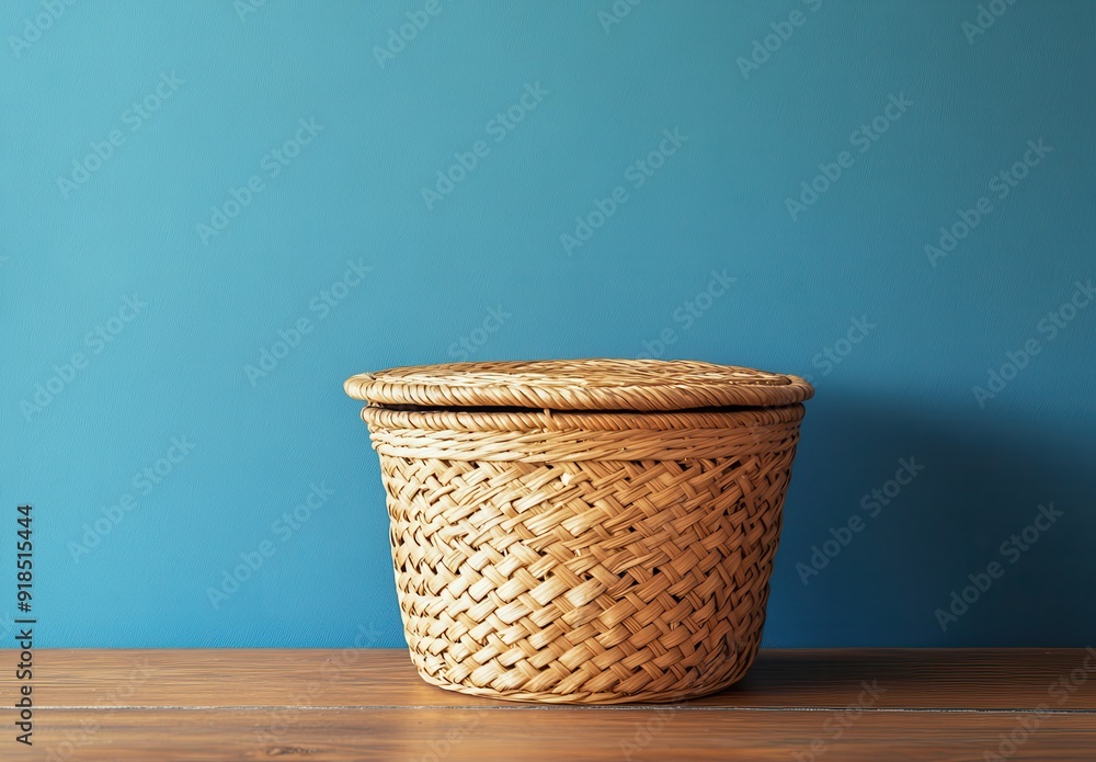 large wicker basket with an open lid sitting on a table against a blue wall background large wicker basket with an open lid sitting on a table against a blue wall background