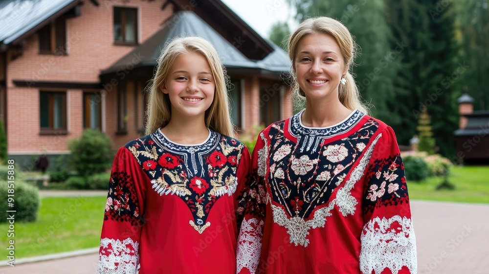A young Russian mother and her daughter smile brightly at the camera in a picturesque village courtyard, enjoying quality time together