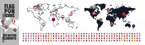 Global world map with geo location flag pins vector icon. Giant world flag set. All World Flags. Vector Round Pin Flat Icons