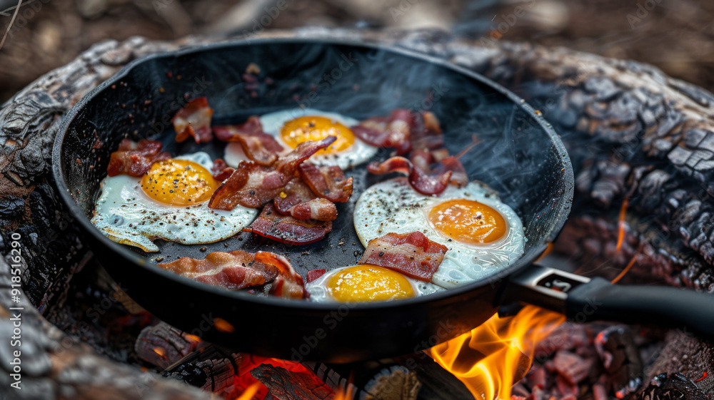 Cast Iron Skillet with Eggs and Bacon Cooking Over an Open Fire Cast Iron Skillet with Eggs and Bacon Cooking Over an Open Fire