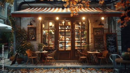 Front of a little cozy cafe with a couple of table outside and a Street lamp. Generative AI.