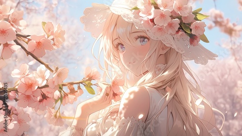 Anime illustration of a girl with long blonde hair, wearing a wide-brimmed floral hat. She stands among blooming cherry blossoms, holding a branch, bathed in soft sunlight