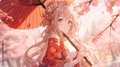 Anime illustration of a girl with long, flowing hair wearing a floral kimono and holding a traditional umbrella. She stands amidst a garden full of cherry blossoms, with petals floating around her