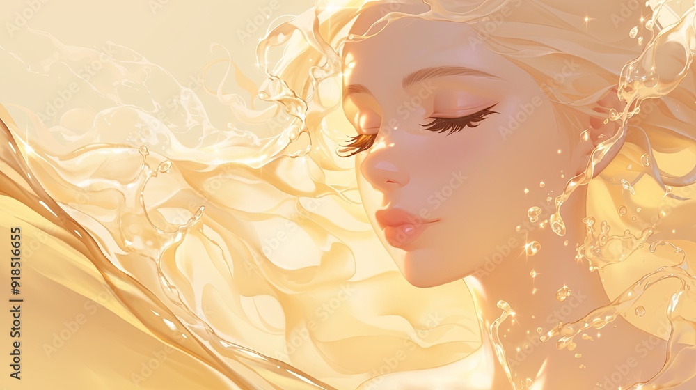 A serene side profile of an anime girl with closed eyes, surrounded by flowing golden water. The warm, glowing tones enhance the tranquil and ethereal atmosphere A serene side profile of an anime girl with closed eyes, surrounded by flowing golden water. The warm, glowing tones enhance the tranquil and ethereal atmosphere