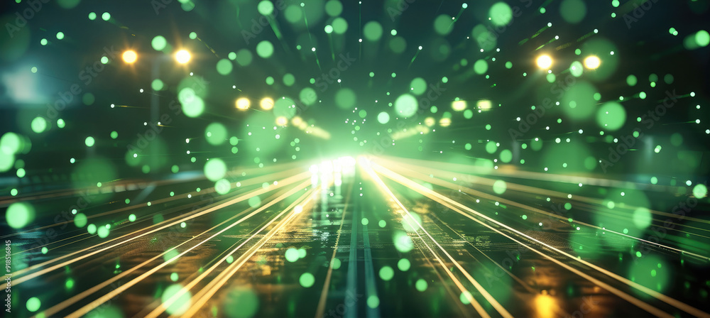 Green lights going side way, lots, background is dark. Generative AI. Green lights going side way, lots, background is dark. Generative AI.