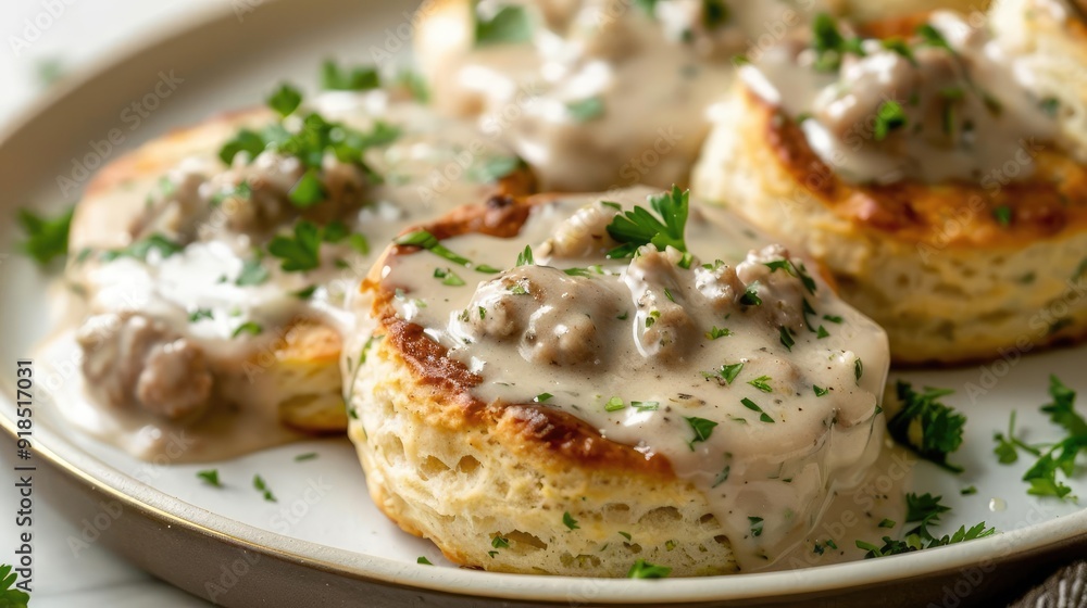 Classic breakfast combo of buttermilk biscuits and sausage gravy, garnished with parsley Classic breakfast combo of buttermilk biscuits and sausage gravy, garnished with parsley