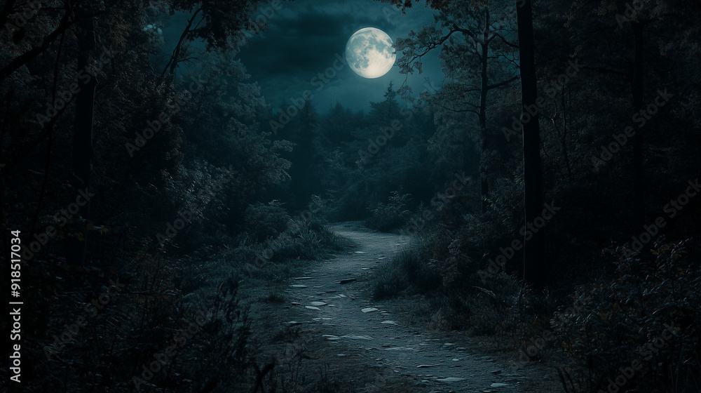 Moonlit Forest Pathway Under Dark Night Sky Moonlit Forest Pathway Under Dark Night Sky