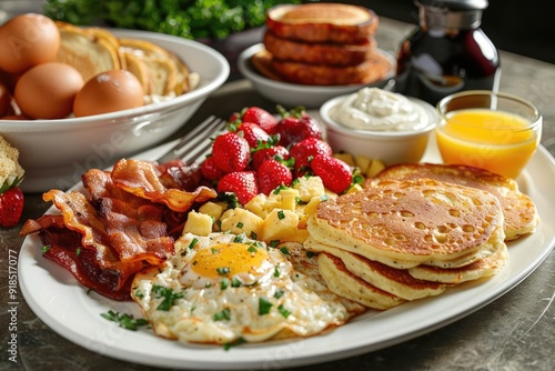 A delicious and hearty breakfast platter with pancakes, bacon, eggs, strawberries, cheese and orange juice.