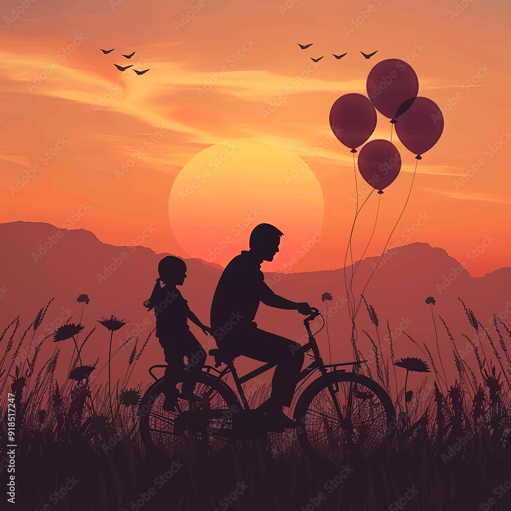Silhouette of a Father and Daughter Riding a Bicycle at Sunset with Balloons Silhouette of a Father and Daughter Riding a Bicycle at Sunset with Balloons