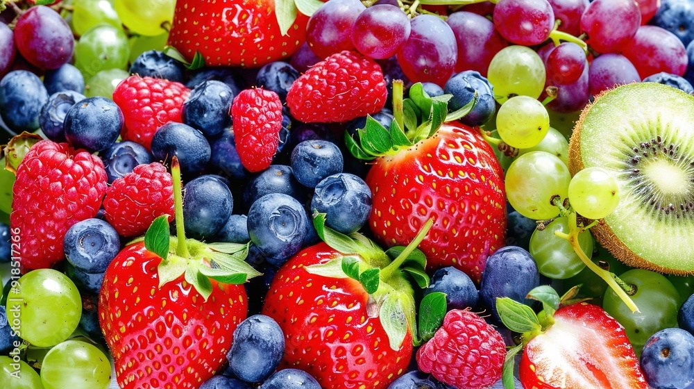 A zoomed-in image of various fruits, featuring strawberries, grapes, kiwis, and more strawberries A zoomed-in image of various fruits, featuring strawberries, grapes, kiwis, and more strawberries