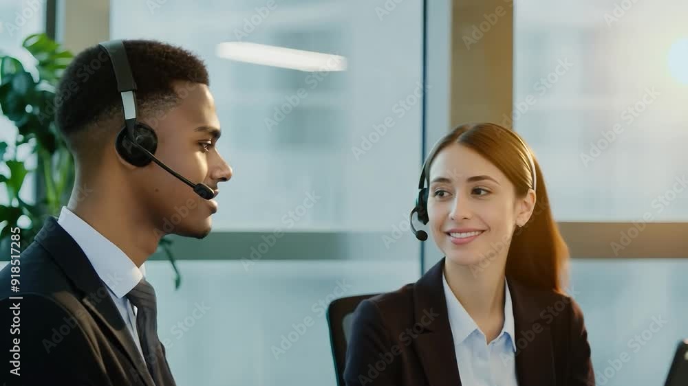 Two call center agents wearing headsets working on computers in a modern office Two call center agents wearing headsets working on computers in a modern office