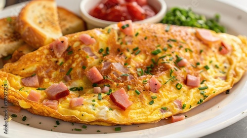 Omelette filled with cheese, ham, and vegetables, served with a side of hash browns and toast
