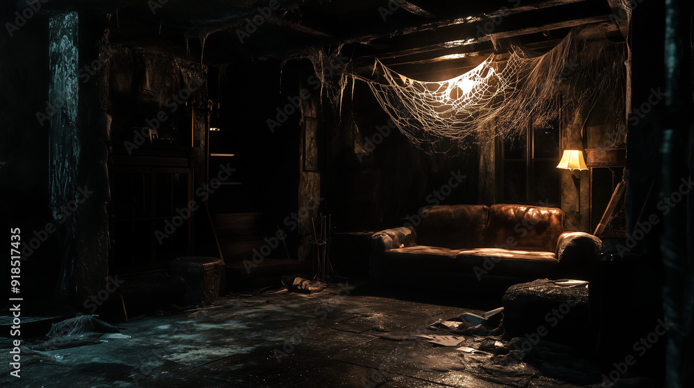 Abandoned Room with Cobwebs and Dim Lighting in a Spooky Setting Abandoned Room with Cobwebs and Dim Lighting in a Spooky Setting