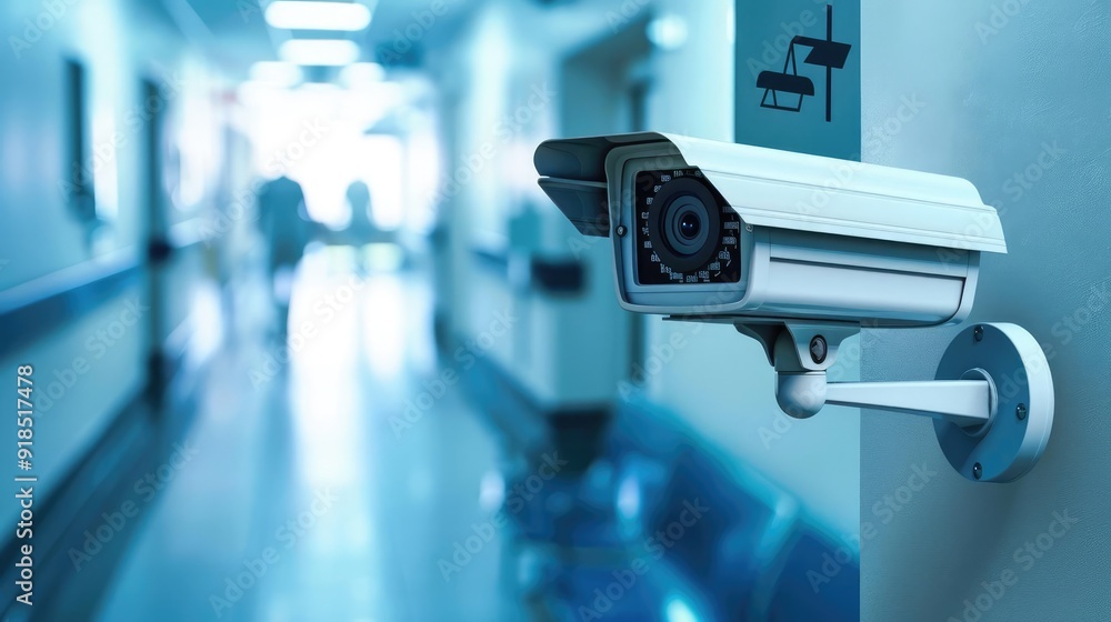 Security camera mounted on a wall in a hospital corridor. Security camera mounted on a wall in a hospital corridor.
