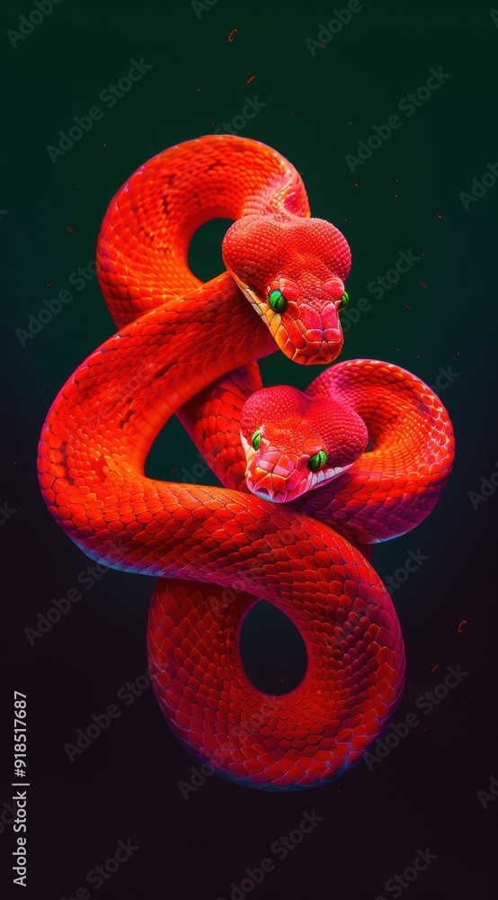 Fototapeta premium A vibrant, red two-headed snake illustration, perfect for captivating designs in advertising, nature themes, or fantasy artwork.
