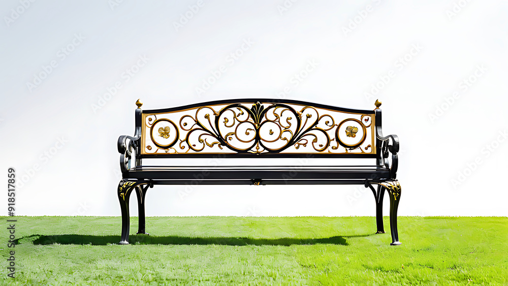 Fototapeta premium Color long bench with a beautifully designed metal frame, A metal bench with a curved design 