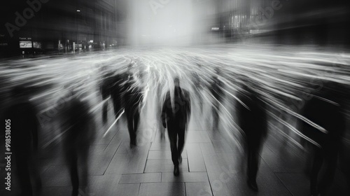 Blurred figures walking through a bustling urban street during dusk, creating a sense of movement and anonymity