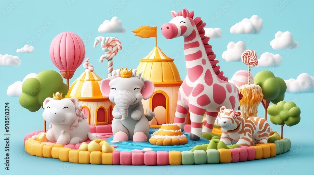 Fototapeta premium Whimsical Animal Kingdom with Elephant and Giraffe in Candyland Theme Park