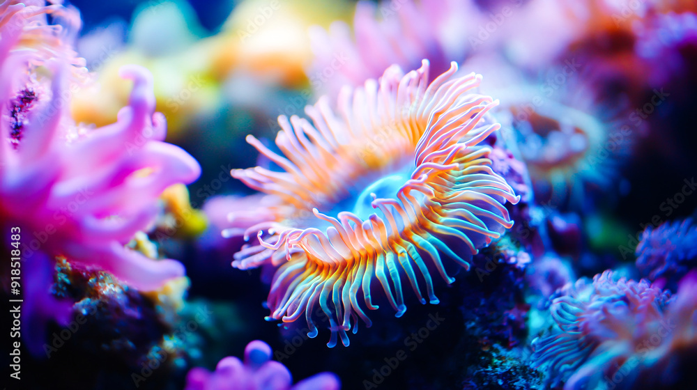A vibrant underwater scene featuring a pink sea anemone and colorful fish among a coral reef inside A vibrant underwater scene featuring a pink sea anemone and colorful fish among a coral reef inside