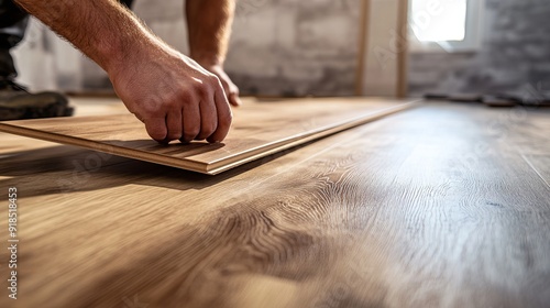 Laminate wood planks are laid on the floor underlayment by men's hands. An interior view of a renovated apartment shows a man installing laminate flooring. Renovation idea involving hardwood floors.