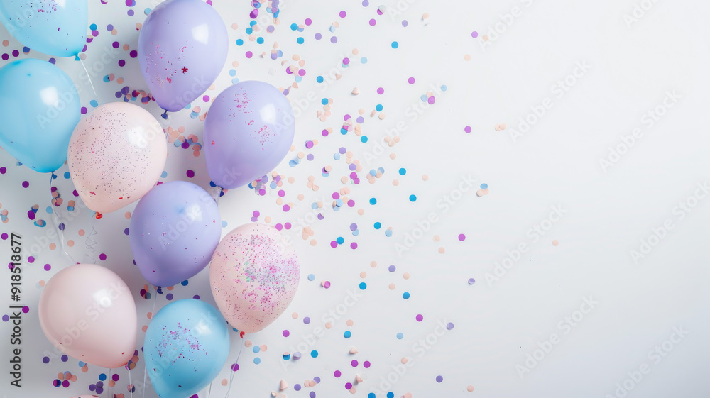 Pastel Balloons and Confetti Scattered on White Background Pastel Balloons and Confetti Scattered on White Background