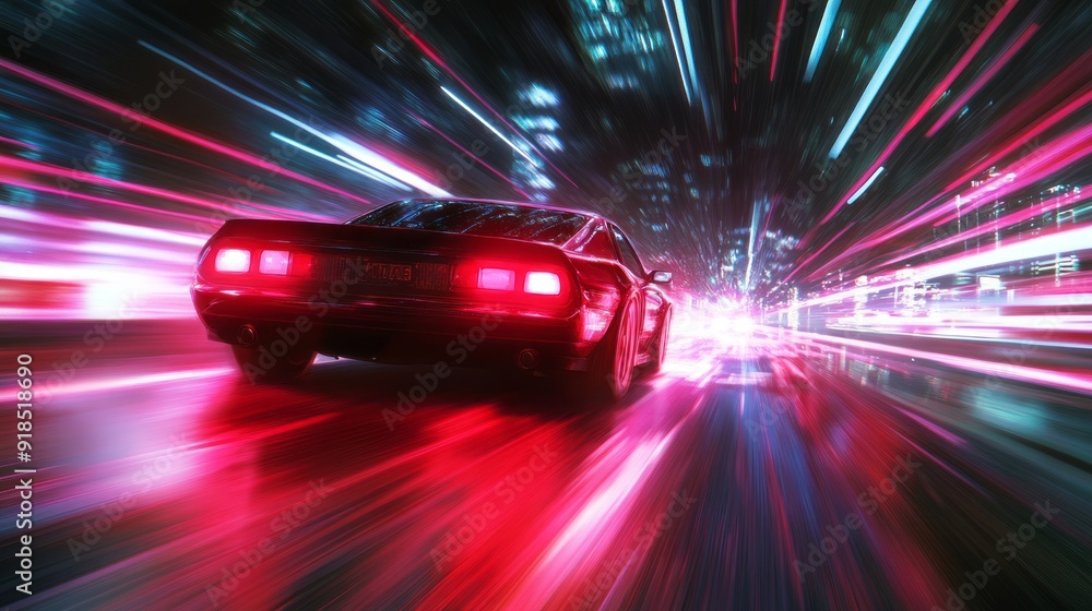 A classic car speeds through a vibrant city street at night, surrounded by colorful light trails A classic car speeds through a vibrant city street at night, surrounded by colorful light trails