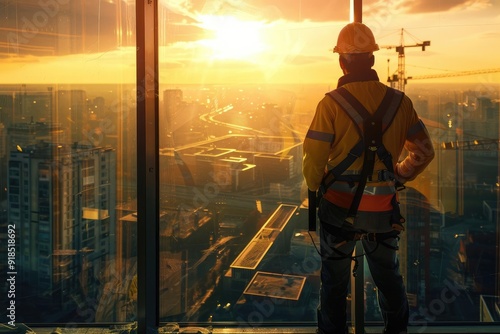 Construction worker looking out over cityscape at sunset.