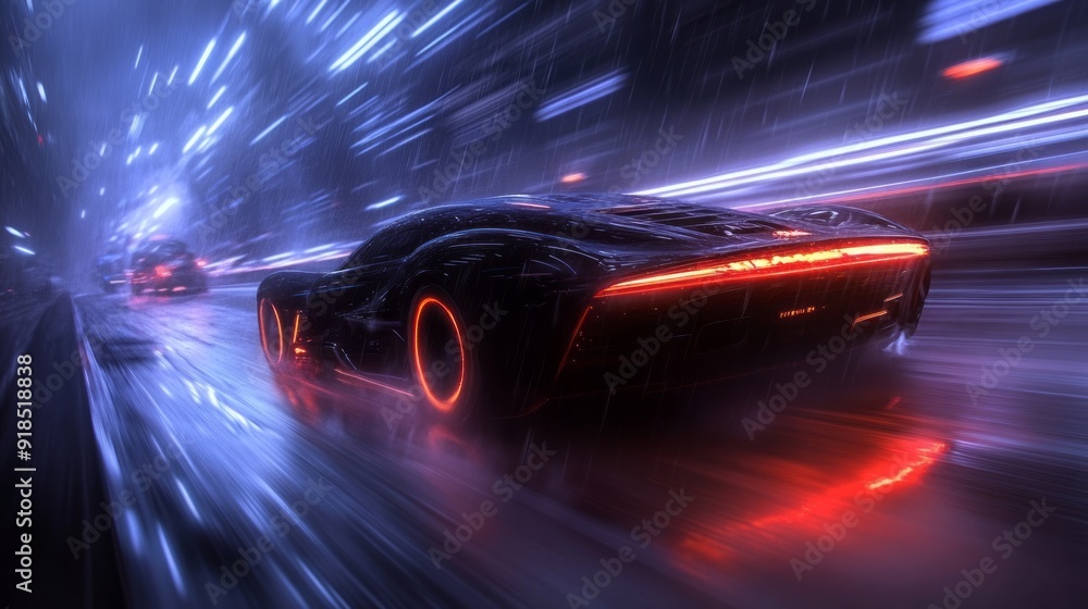 A futuristic car speeds through a neon-lit city in the rain at night A futuristic car speeds through a neon-lit city in the rain at night
