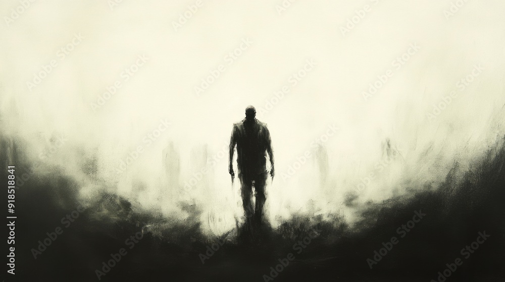 A solitary figure walks through a foggy landscape, surrounded by indistinct silhouettes at dusk