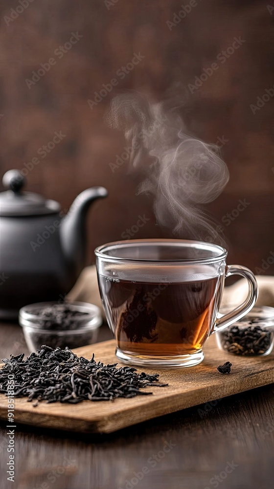 A close-up captures a steaming glass cup of black tea on a wooden table, with a vintage kettle and jars of herbs nearby, illuminated by warm light in a cozy kitchen A close-up captures a steaming glass cup of black tea on a wooden table, with a vintage kettle and jars of herbs nearby, illuminated by warm light in a cozy kitchen
