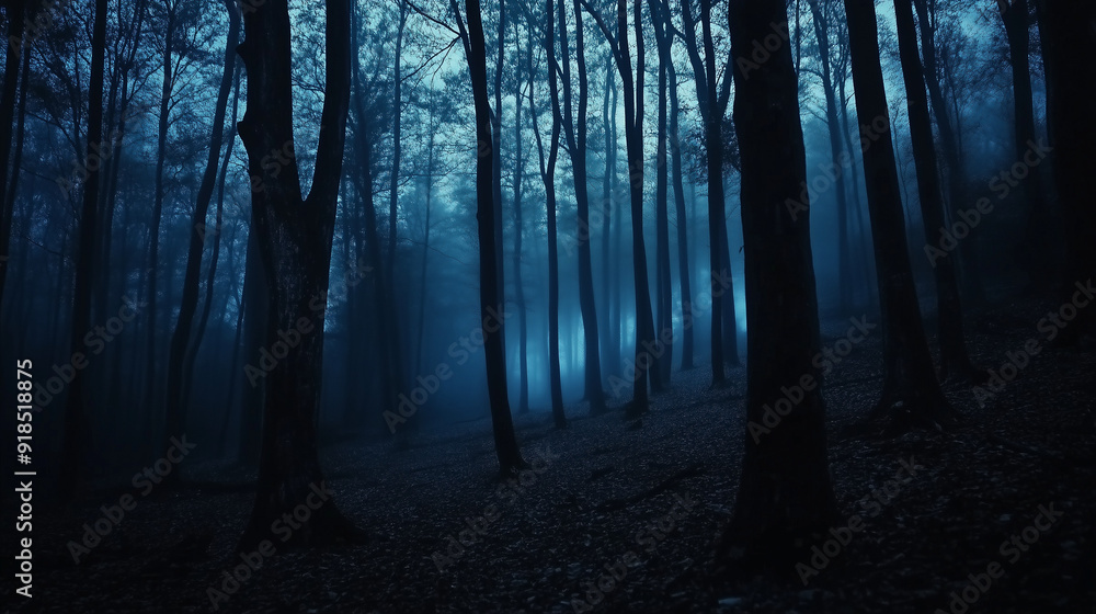 Fototapeta premium Dark Foggy Forest at Night with Eerie Blue Light