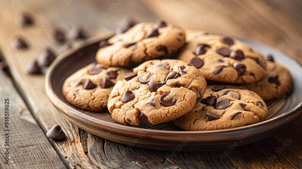 Chocolate Chip Cookies on a Wooden Plate Chocolate Chip Cookies on a Wooden Plate